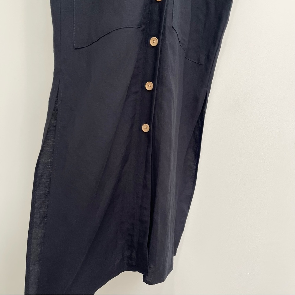 Emerson Fry Desert Midi Dress Black Short Sleeve Full Button Front Linen Blend - Picture 7 of 14
